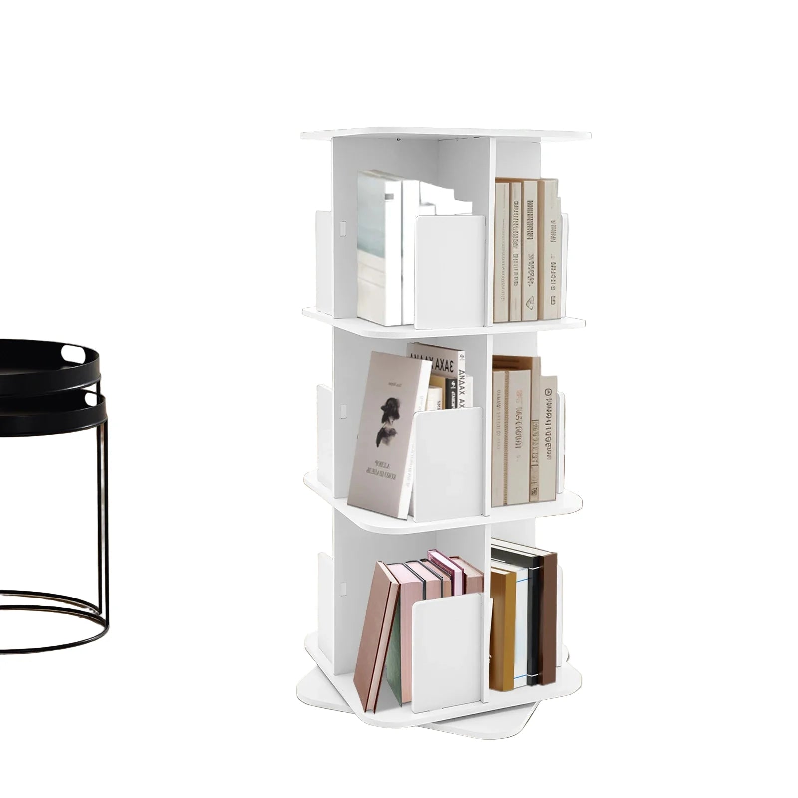 Drehbares Bücherregal mit 3 Ebenen – 360° Regal aus Edelstahl mit Schreibtischunterlage, Weiß