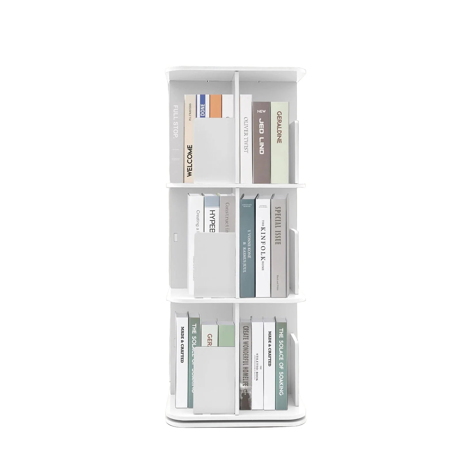 Drehbares Bücherregal mit 3 Ebenen – 360° Regal aus Edelstahl mit Schreibtischunterlage, Weiß