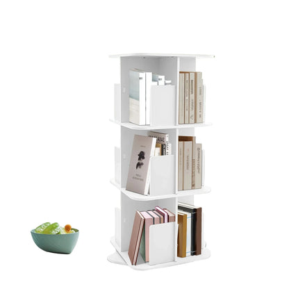Drehbares Bücherregal mit 3 Ebenen – 360° Regal aus Edelstahl mit Schreibtischunterlage, Weiß