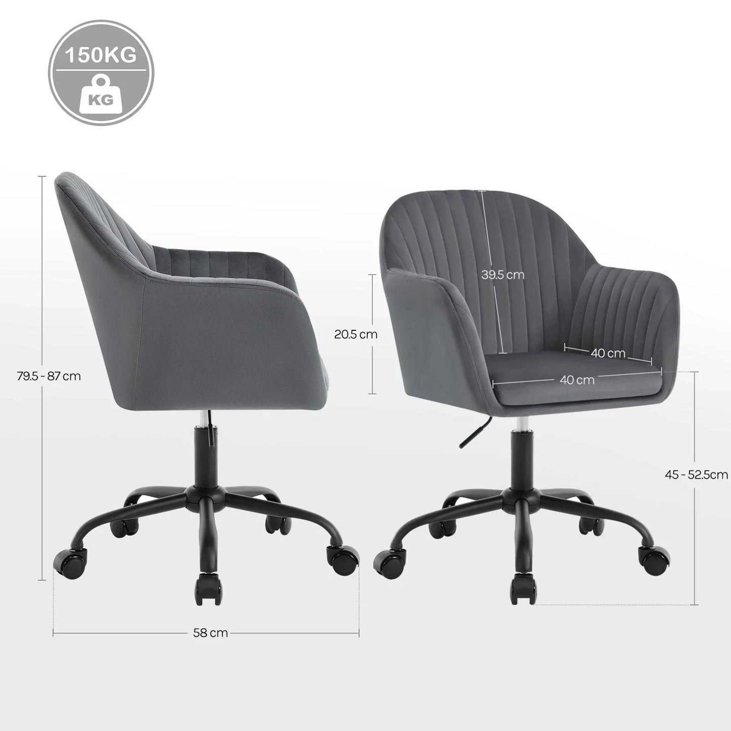 Bürostuhl aus Samt – Höhenverstellbarer Drehstuhl mit gepolstertem Sitz und Rollen